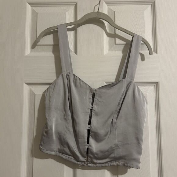 Good American Tops - Good American Tank Top Silver Blue Double Bar Satin Cut Out Crop Smocked Medium
